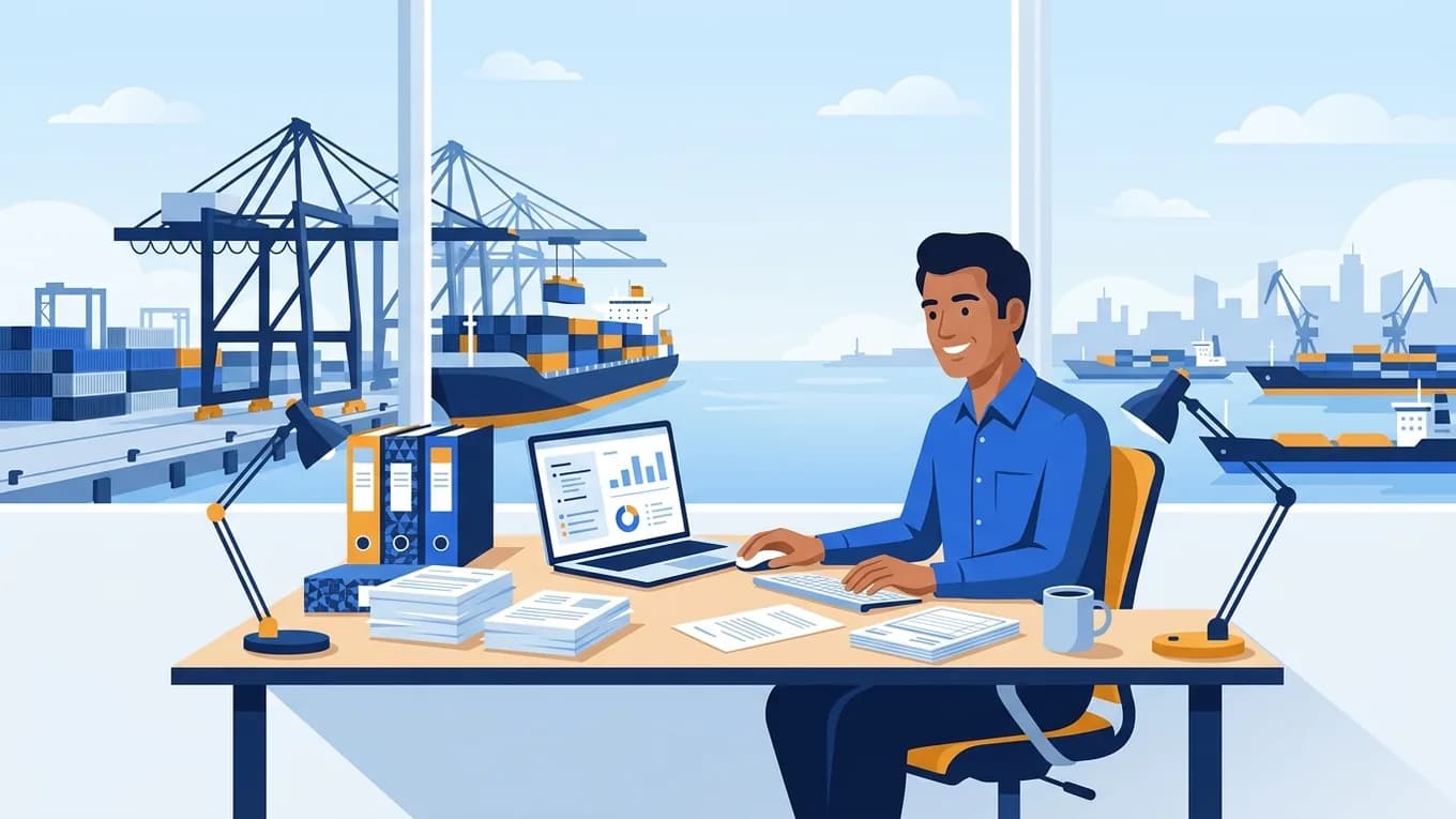 A customs broker at a desk with a laptop and shipping papers, a port through the window.
