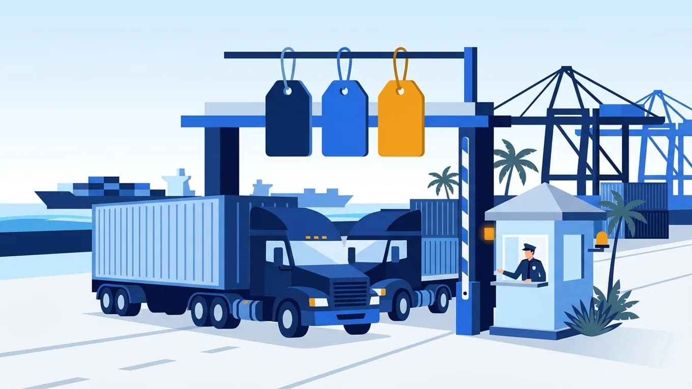 A container truck at a foreign port gate with a toll booth and coloured price tags.