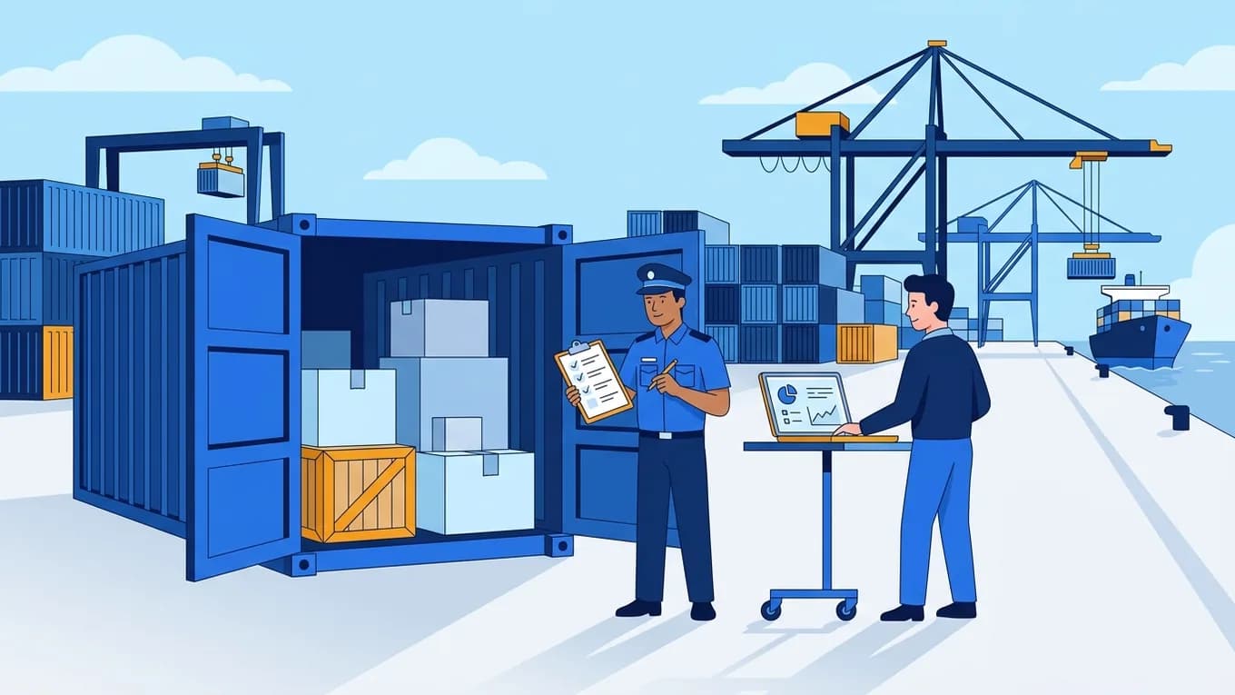 A customs officer inspecting an open container while a customs broker works on a laptop.
