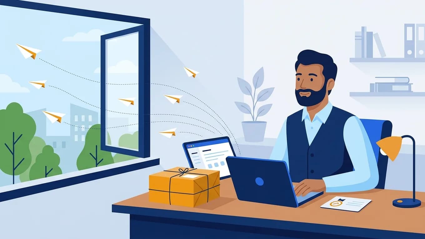 A business owner at a laptop with a parcel and an identity card on the desk.