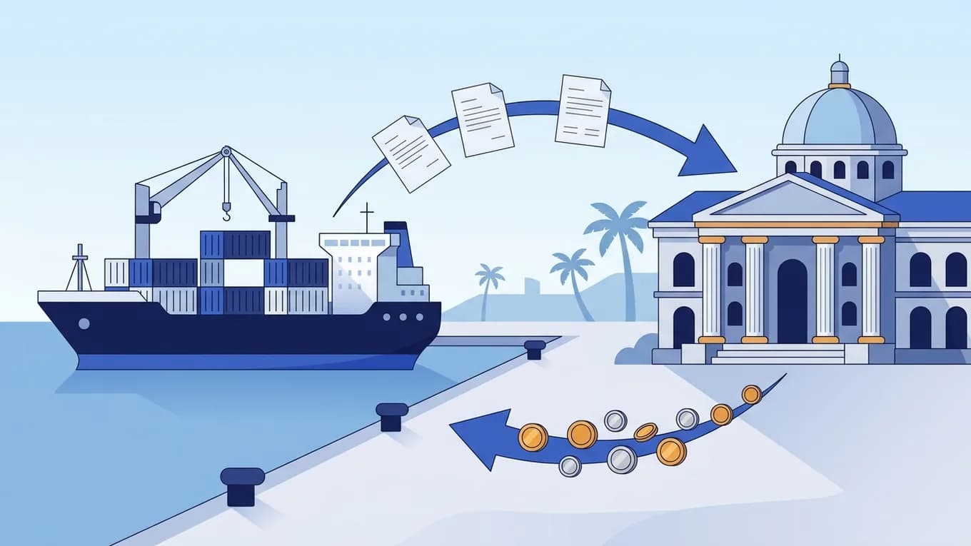 Papers flowing from a container ship to a bank, and coins flowing back.