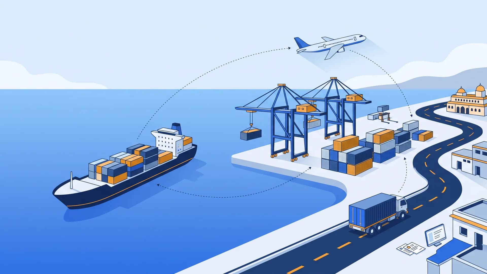 A container ship sailing to an Indian port with cranes, a cargo plane overhead and a container truck on the coast road.