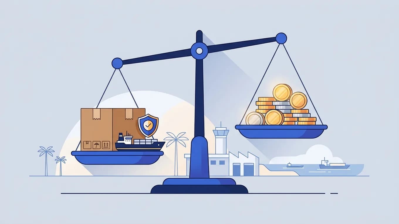A balance weighing a box with a ship and insurance shield against coins.