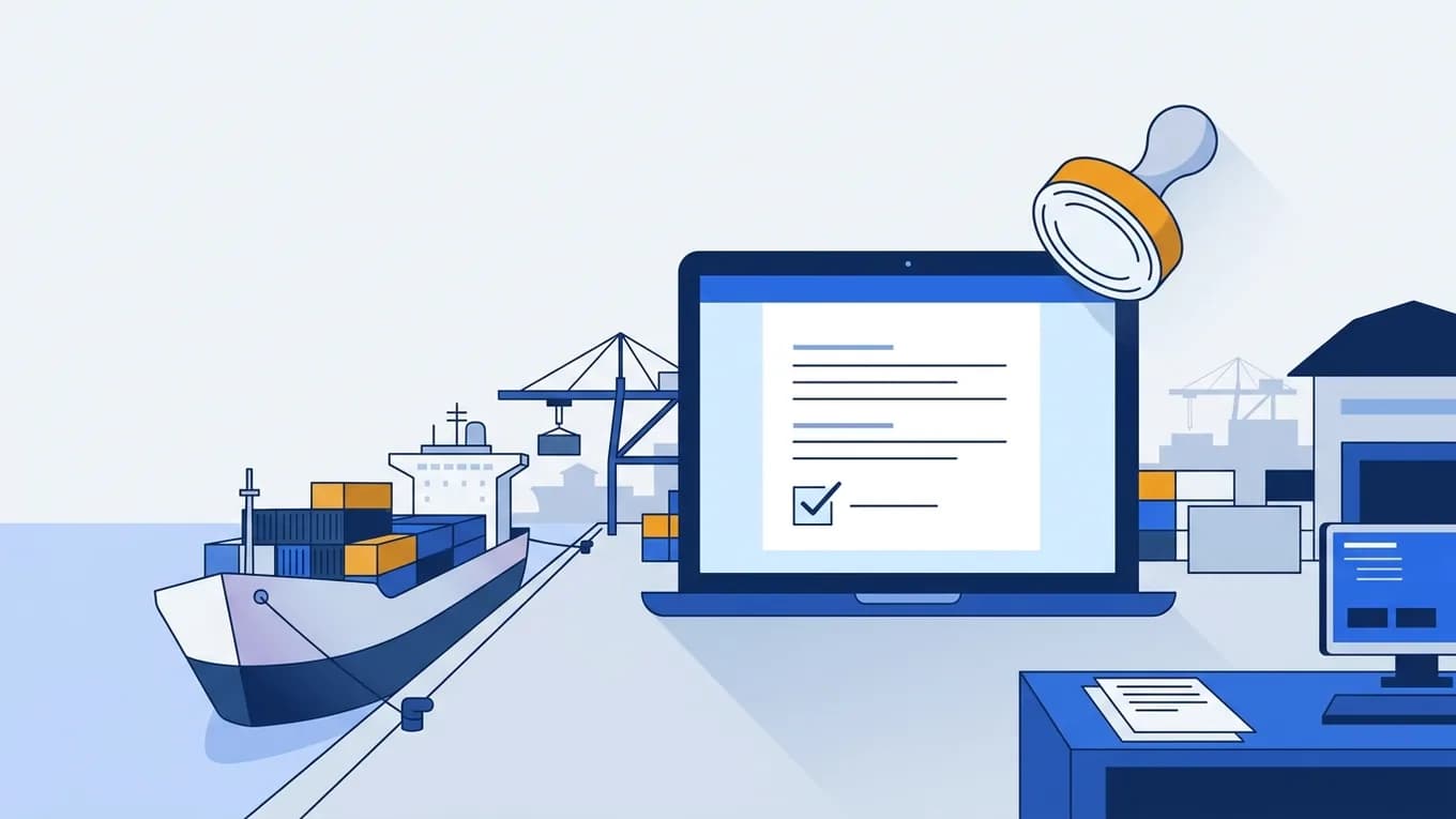 A ship at port and a laptop showing a form with a customs stamp above it.