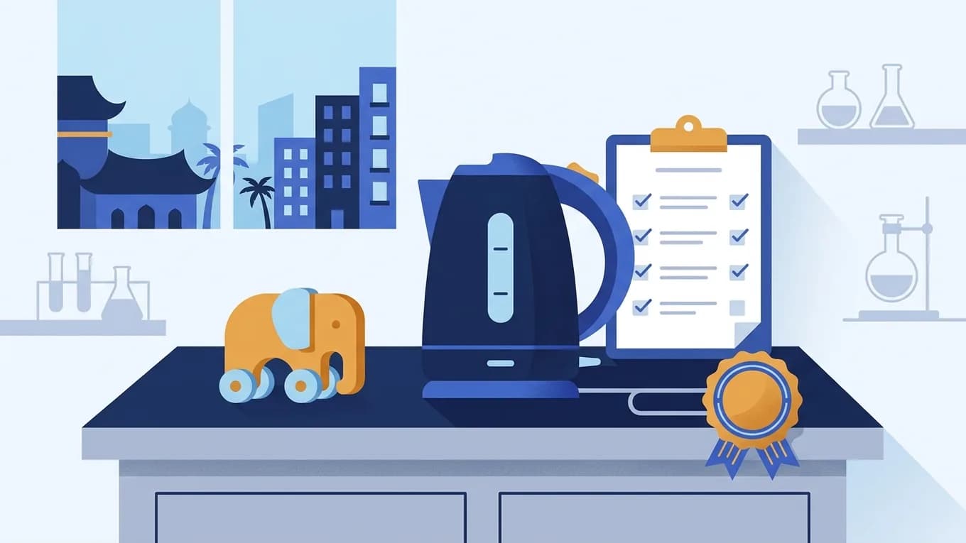 A kettle and a toy on a lab bench with a checklist and a quality seal.