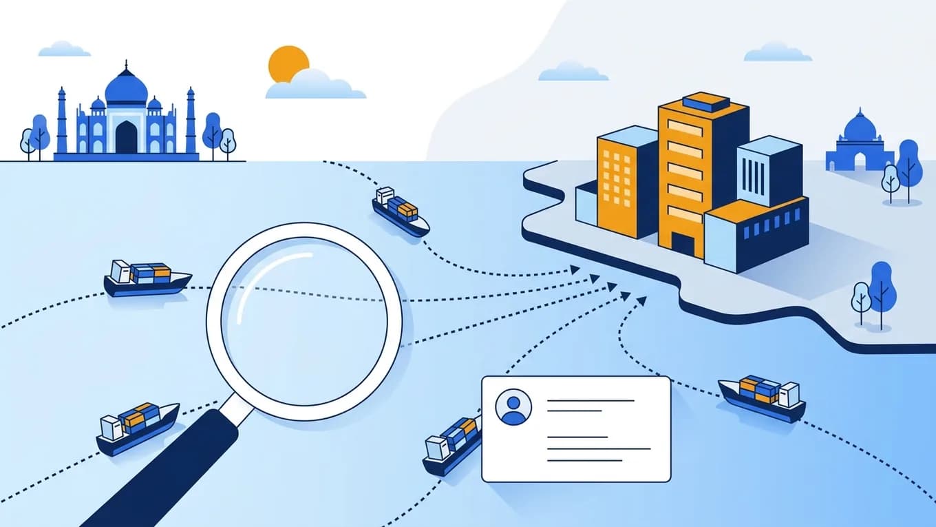 Ships on dotted routes leading to company buildings, a magnifying glass and a contact card.