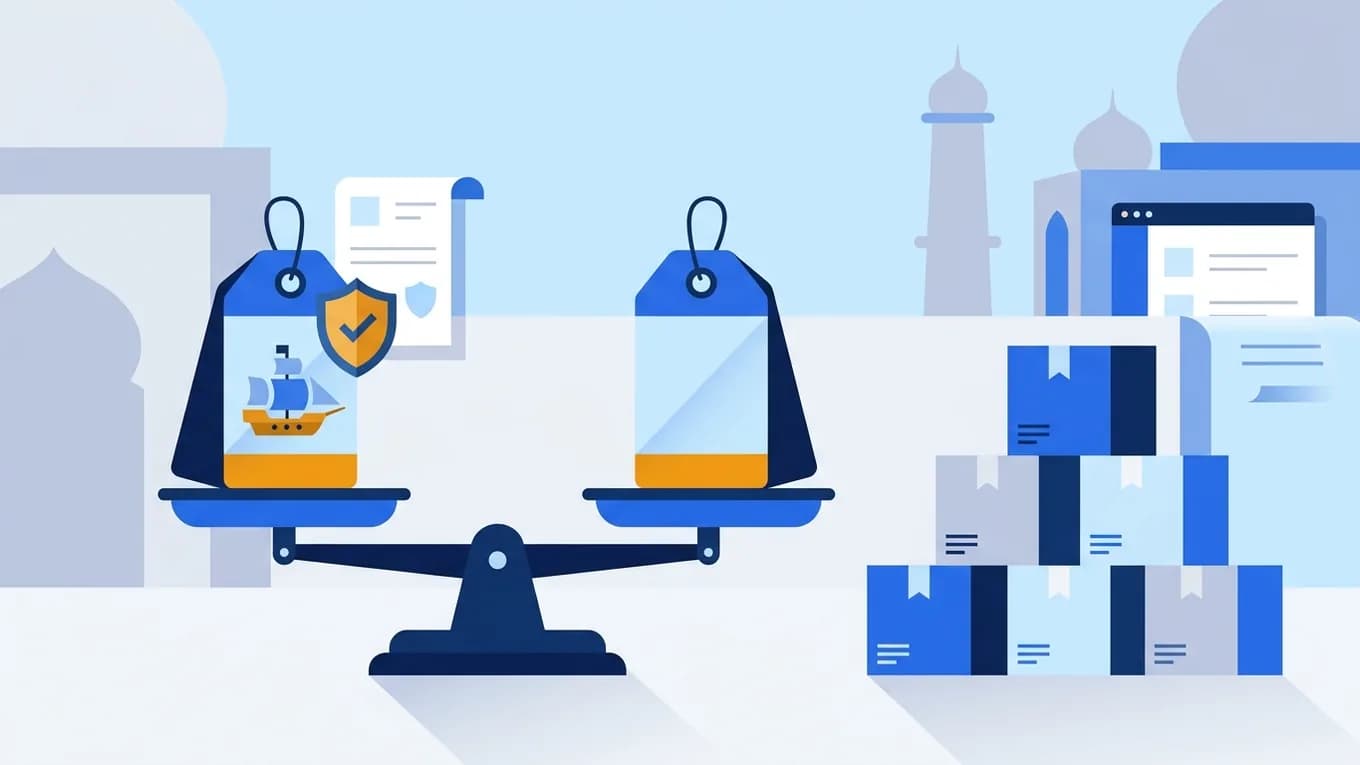 Two price tags on a balance, one with a ship and insurance shield, beside a stack of boxes.