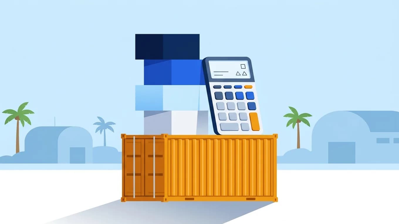 Blocks stacked on a shipping container beside a calculator, like duties adding up.