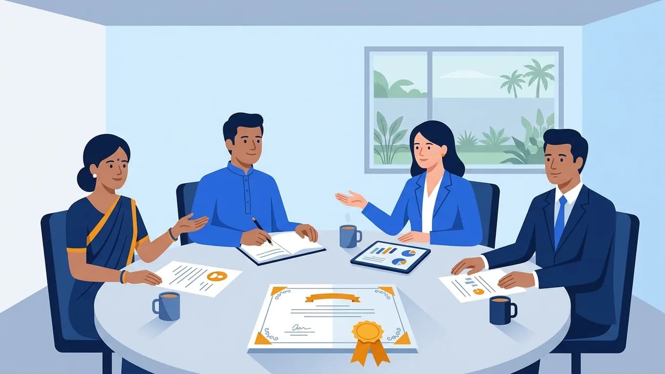 Exporters meeting around a table with a certificate in front of them.