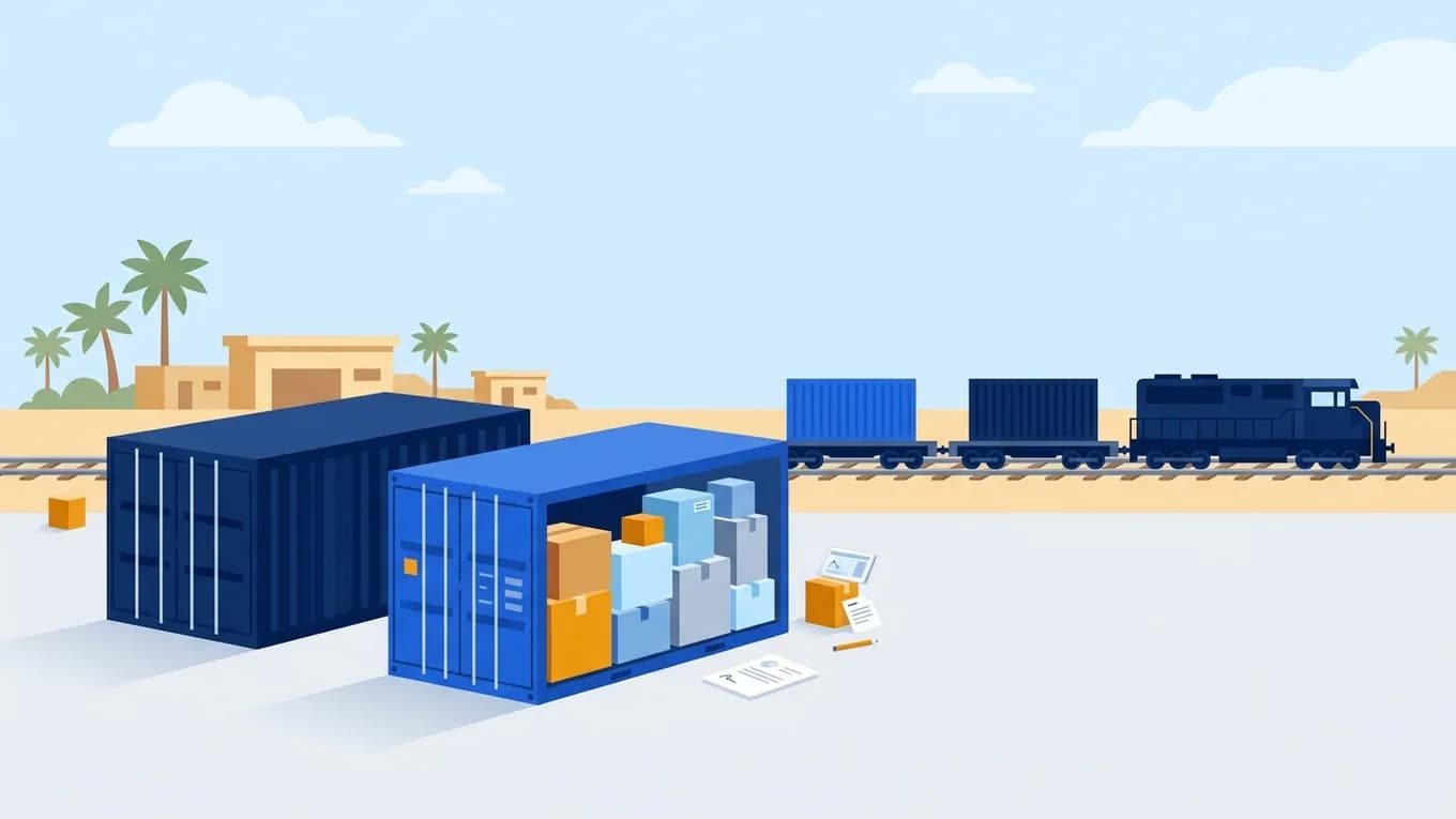 A full container beside a shared one, and a train carrying containers inland.