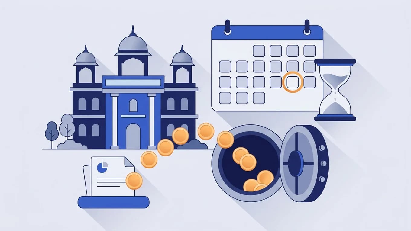 A calendar with a date circled, an hourglass and coins going into a bank vault.