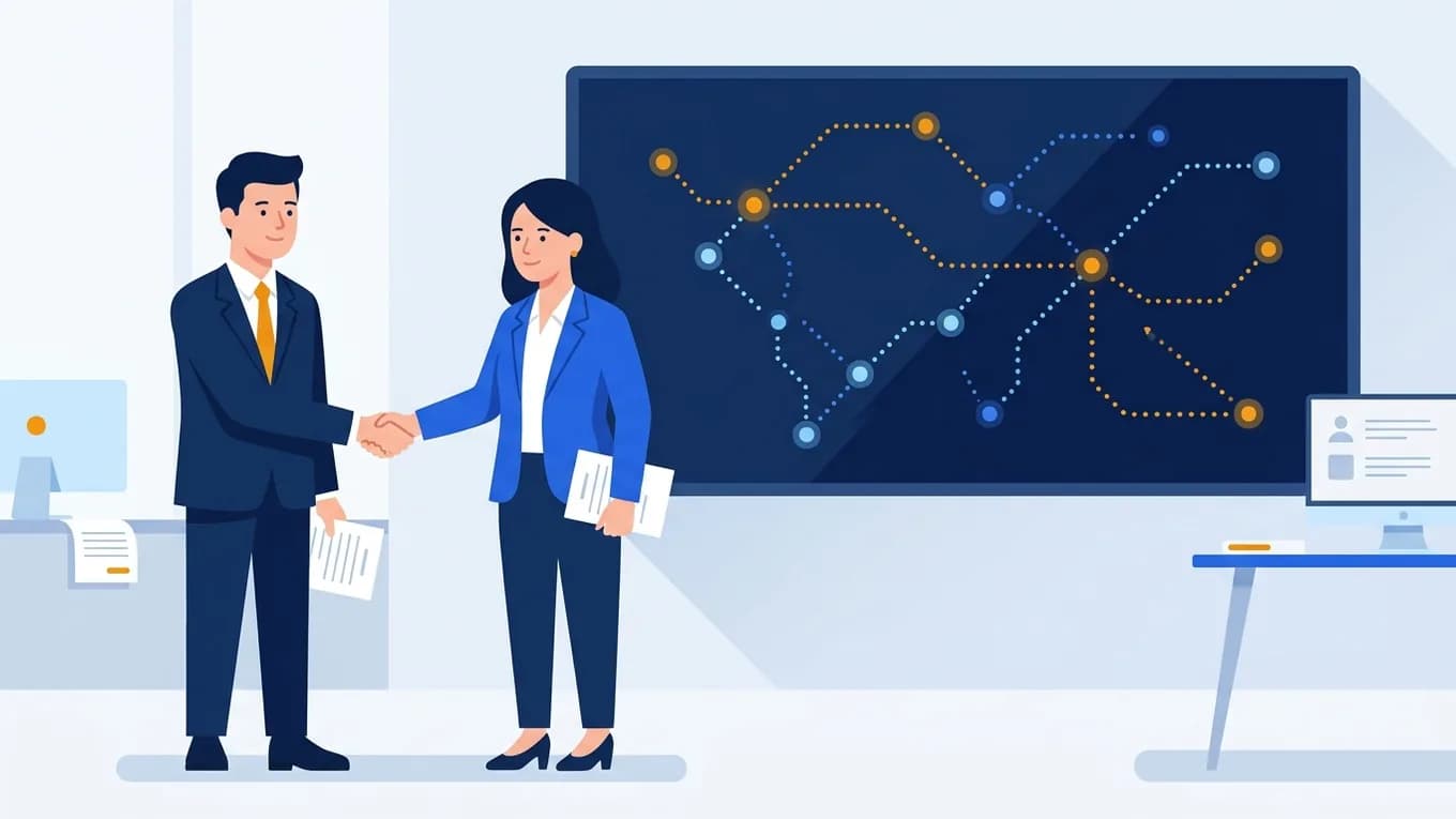 Two business people shaking hands in front of a screen of trade routes.