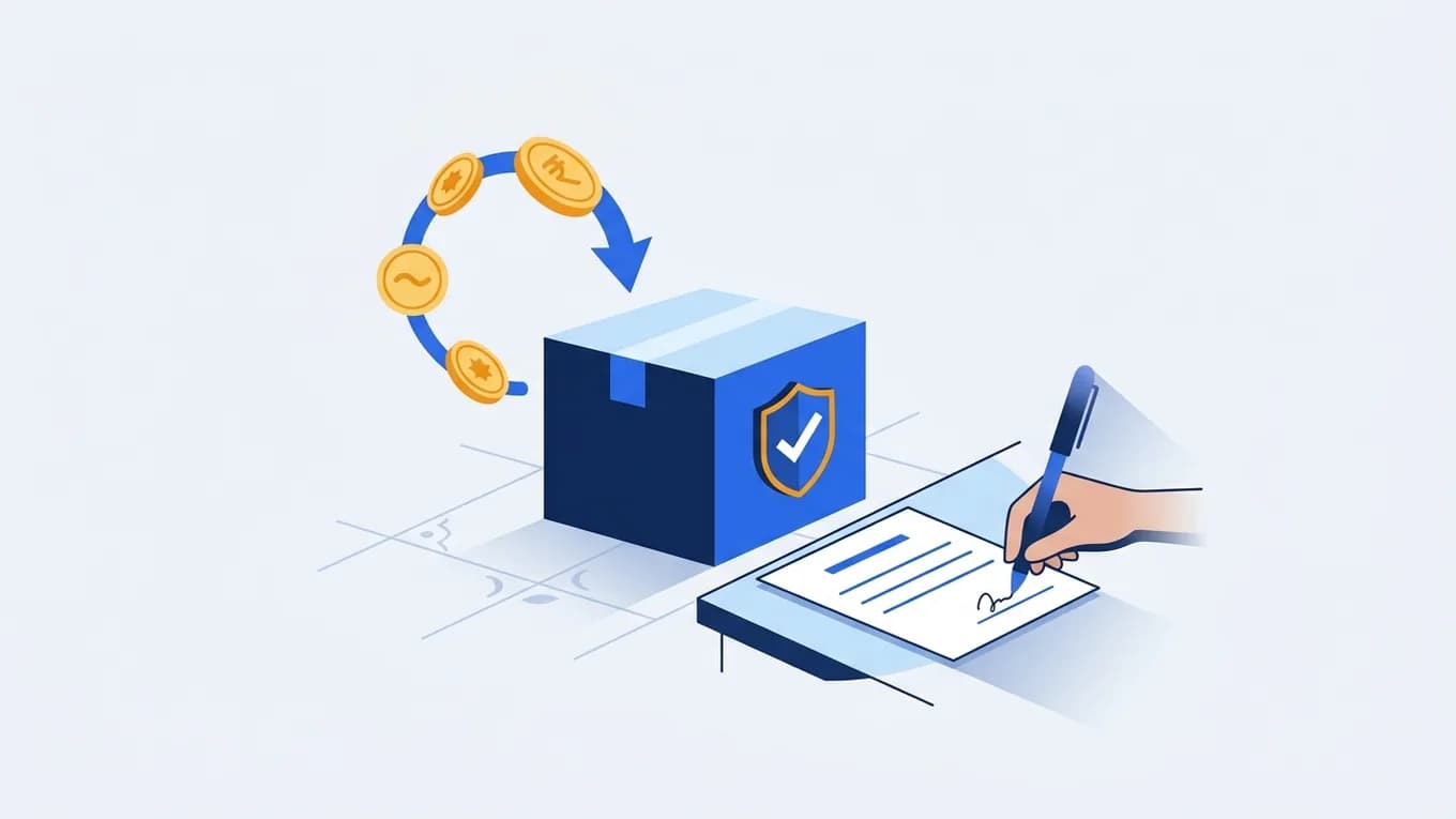 A box with a checkmark shield, a form being signed and coins coming back in a circle.