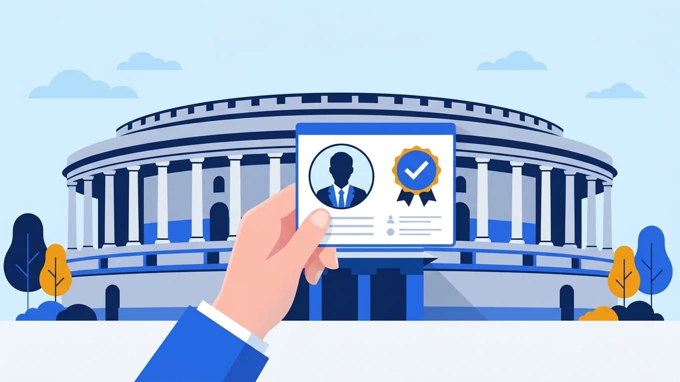 A business identity card with a checkmark seal held up in front of a government building.