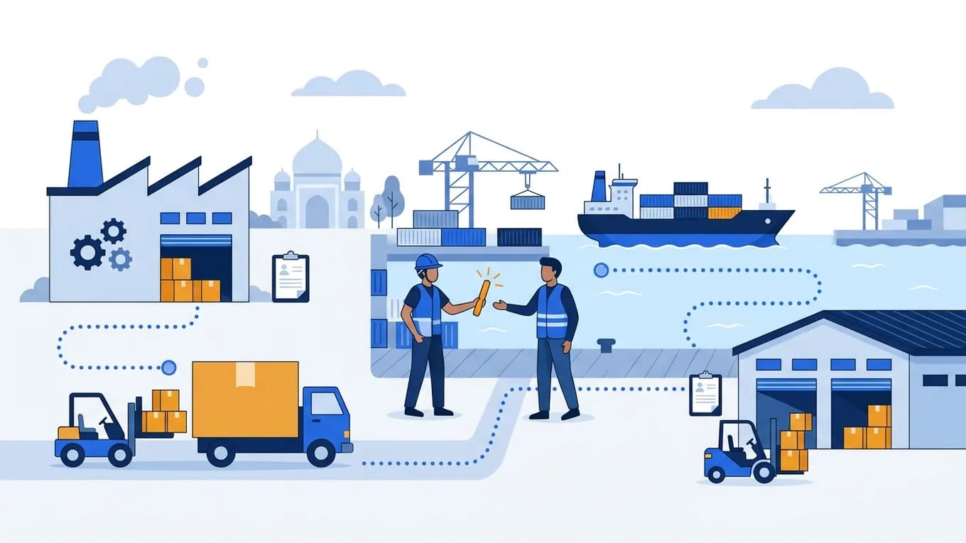 Goods moving from a factory by truck and ship to a warehouse, with a baton passed at the port.