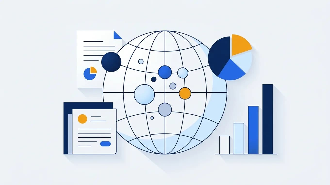 Bubbles of different sizes over a globe, with a pie chart and a bar chart.