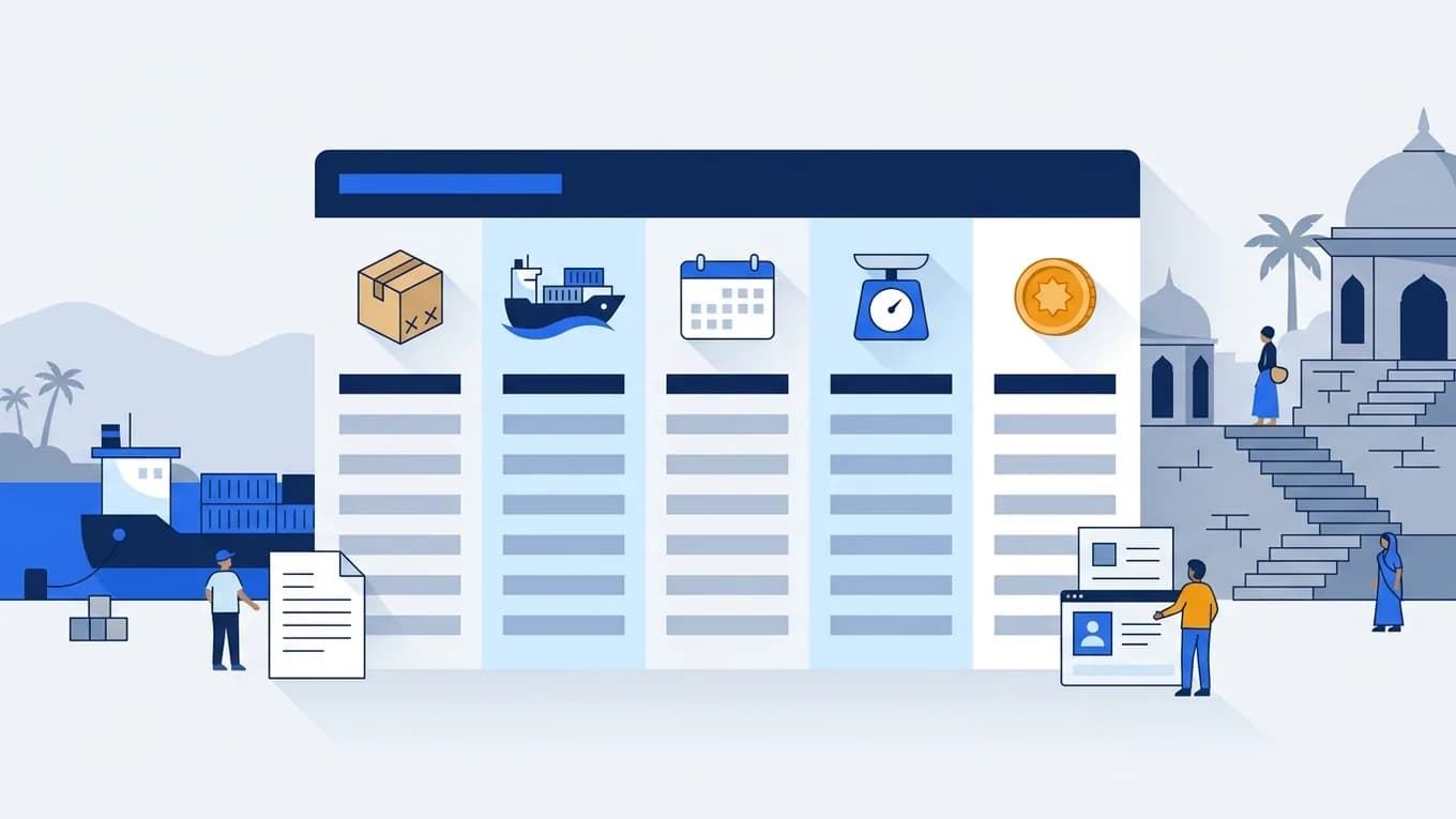A shipment record card with icons for goods, ship, date, weight and value.