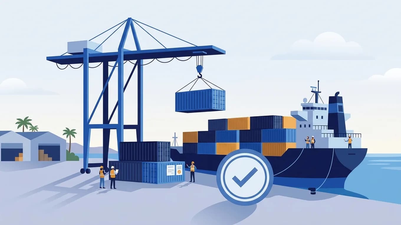 A crane loading a container onto a ship, with an approval checkmark.
